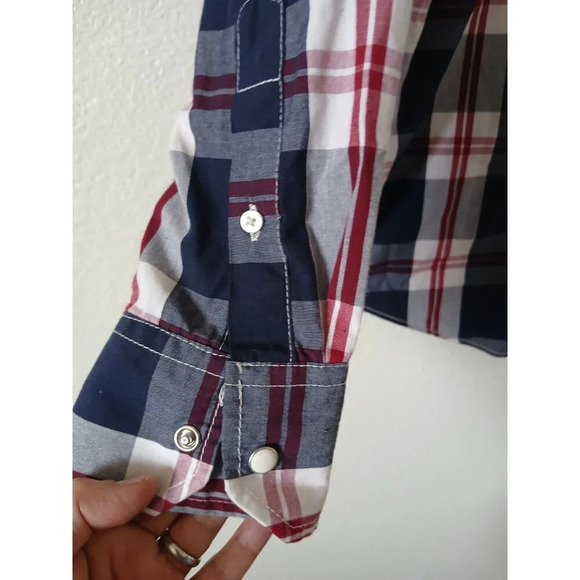 Coastal Shirt Men's Medium Blue Red Plaid Western Cowboy Tab Roll Sleeves Snap - Picture 5 of 16